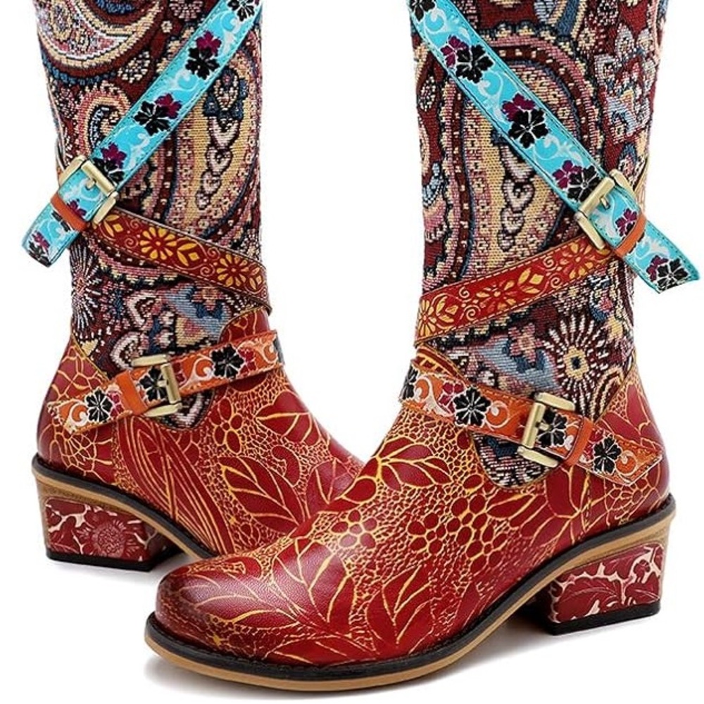 Soffia Brown Floral Tie Accent Leather Vintage Knee High Boots - Picture 4 of 9
